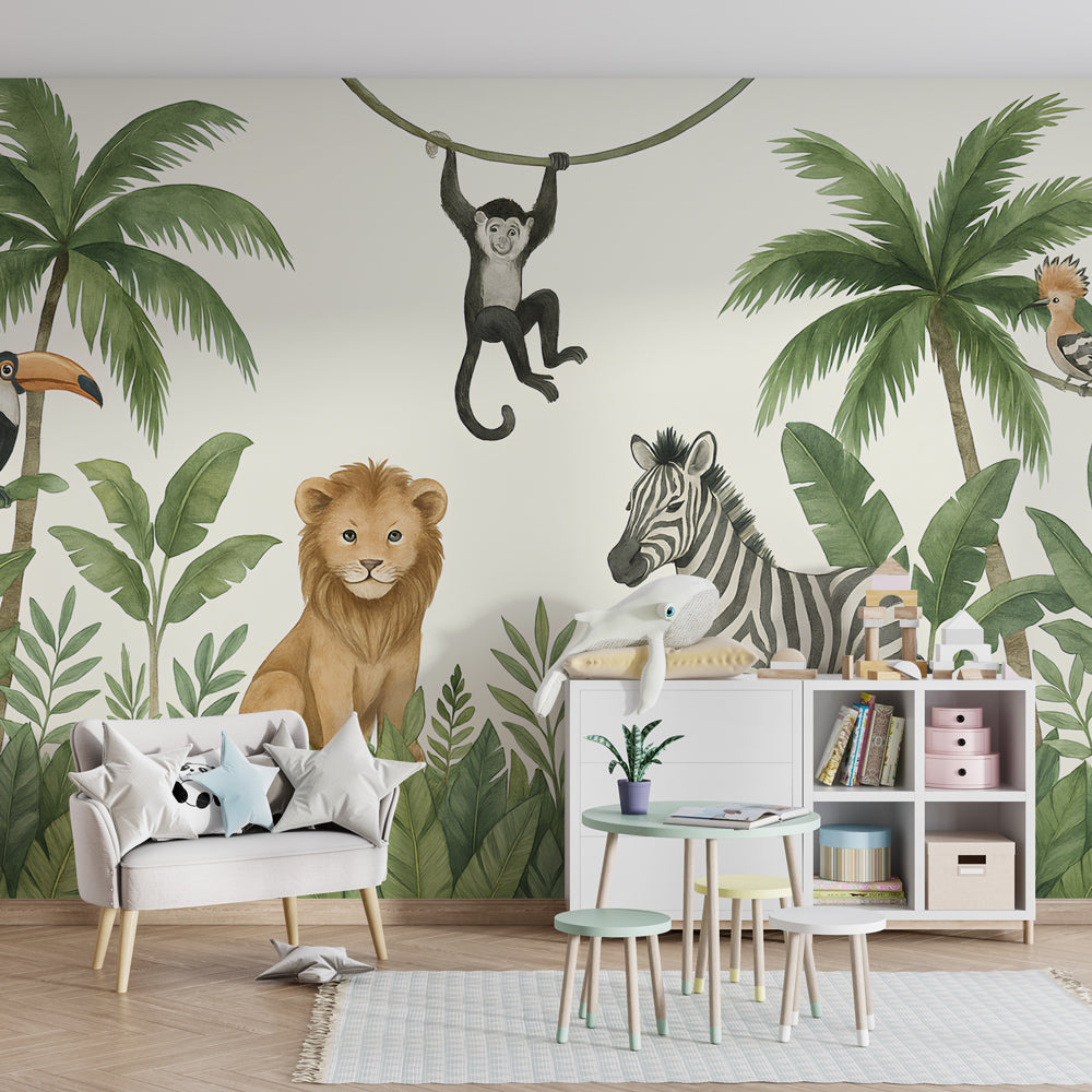 Tropical jungle animals wallpaper with lion monkey zebra toucan for kids playroom decor