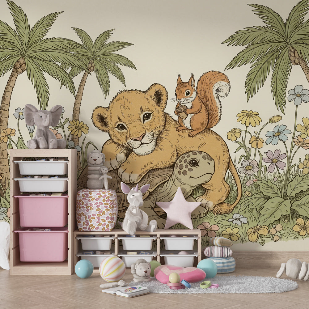 Tropical jungle wallpaper with palm trees and animals for colorful kids playroom setting