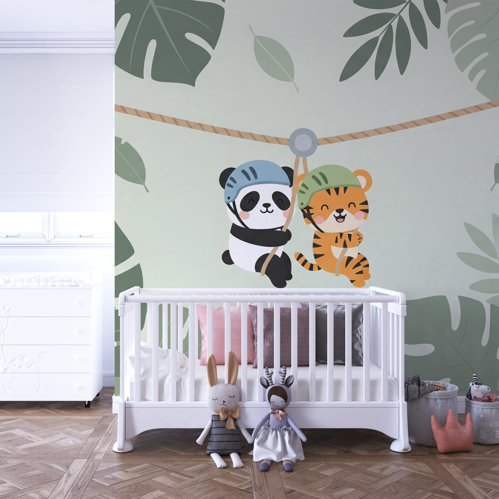 Panda tiger jungle mural wallpaper transforming children's playroom into adventure zone