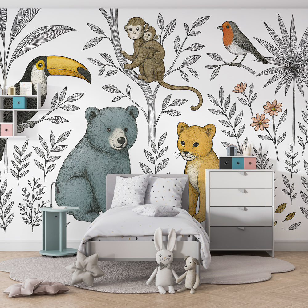 Jungle-themed mural wallpaper in modern kids playroom featuring colorful animal illustrations by Kids-Mundo