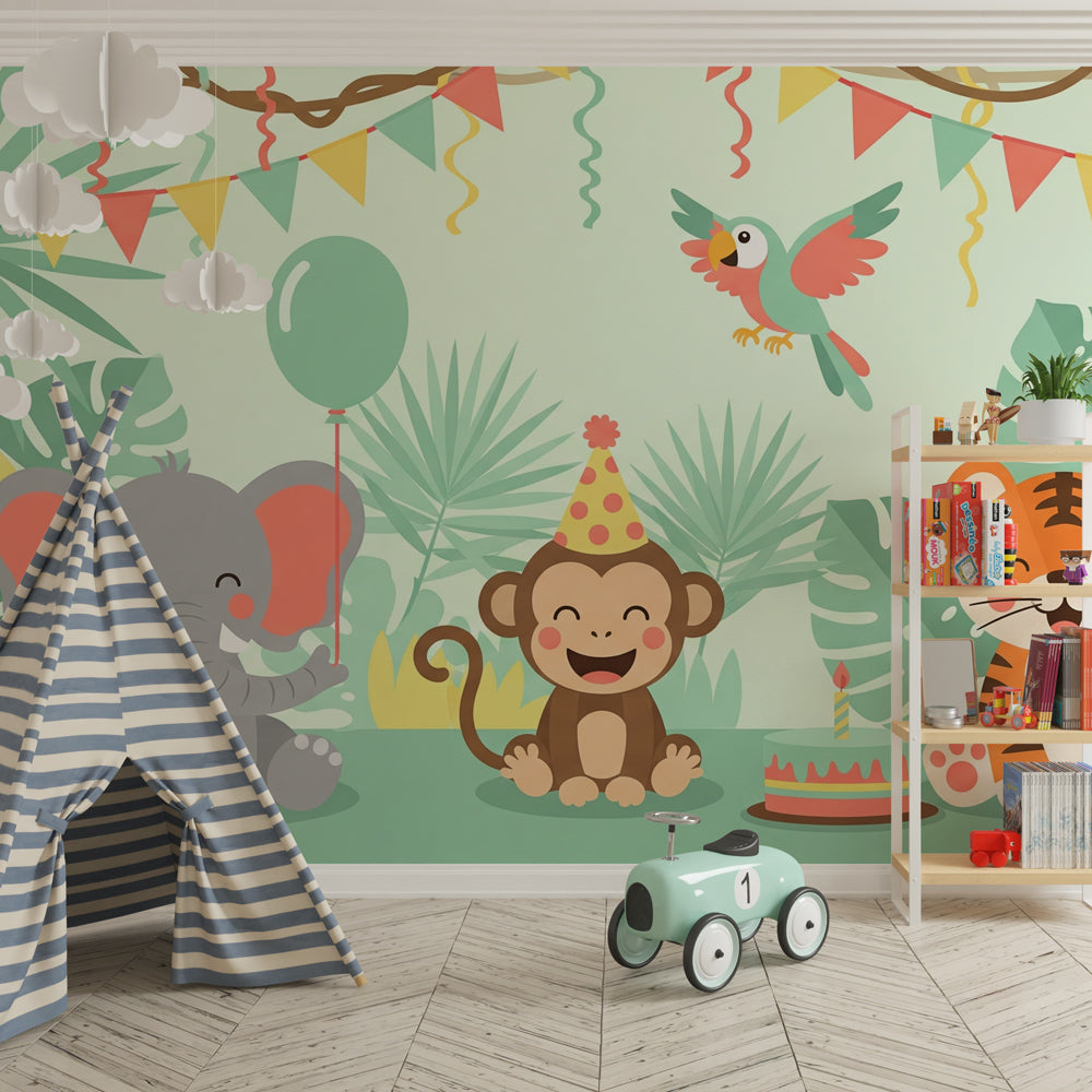Jungle party wallpaper transforming playroom into tropical celebration space with animal friends