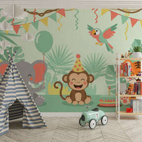 Jungle party wallpaper transforming playroom into tropical celebration space with animal friends