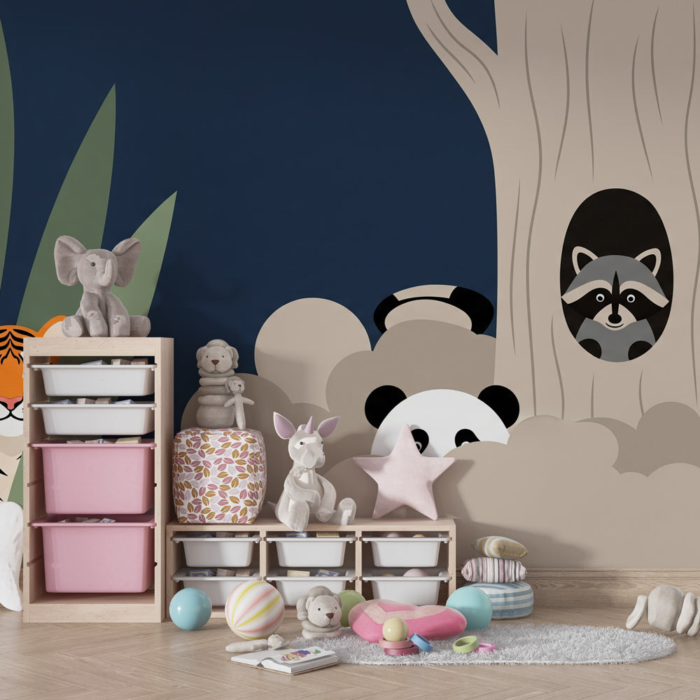Tiger panda raccoon mural wallpaper in colorful children's playroom setting