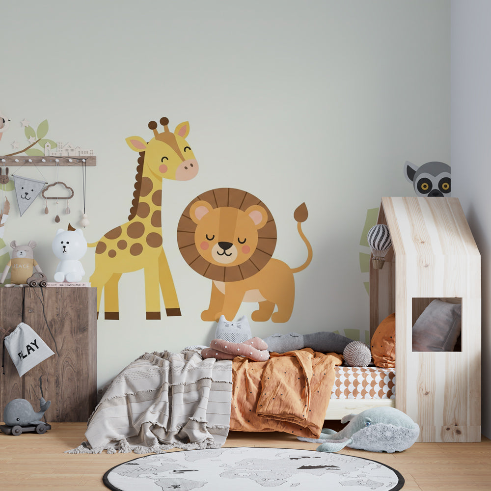 Adorable jungle animals mural wallpaper transforming children's playroom with safari adventure