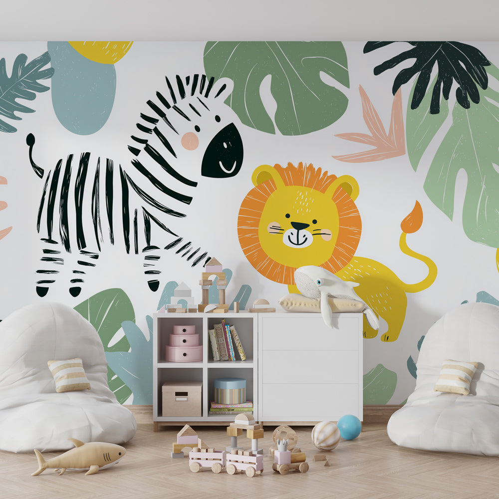 Colorful jungle animal wallpaper transforming children's playroom into safari adventure