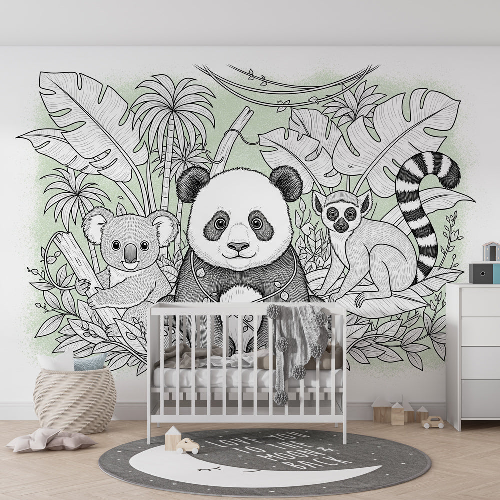 Panda koala lemur wallpaper transforming kids playroom into jungle paradise