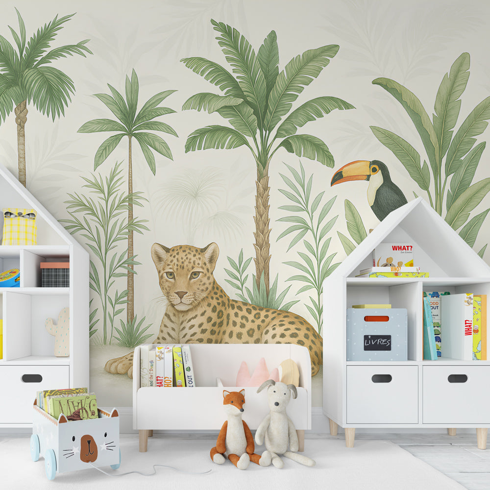 Safari animal wallpaper with toucan and tropical plants in children's playroom decor