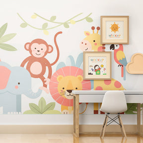 Colorful jungle mural wallpaper transforming children's playroom into safari adventure space