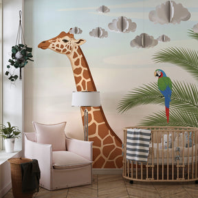 Tropical animal wallpaper featuring giraffe and parrot for adventurous children's playroom