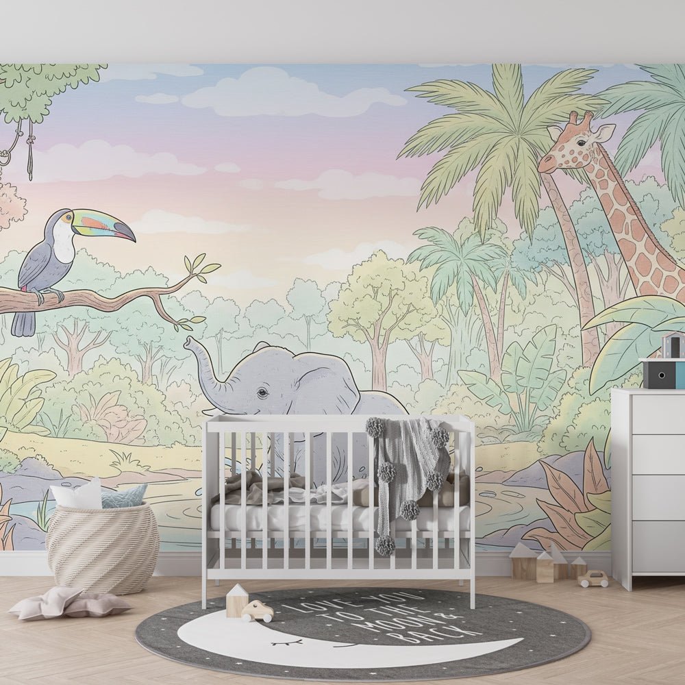 Kids playroom featuring jungle adventure mural wallpaper with splashing elephant and colorful toucan scene