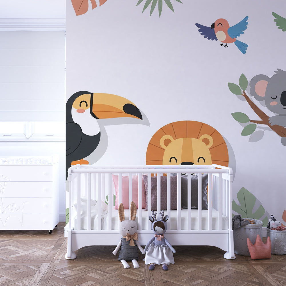 Colorful jungle animals wallpaper transforming children's playroom with toucan and koala characters