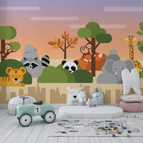 Educational jungle wallpaper featuring tigers, monkeys and elephants in modern kids playroom setting