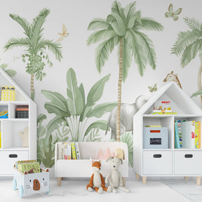 Exotic jungle wallpaper with green foliage and wildlife for kids playroom decor