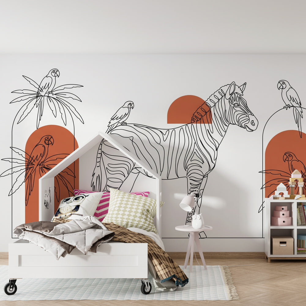 Zebra and parrots wallpaper transforming children's playroom into safari adventure space