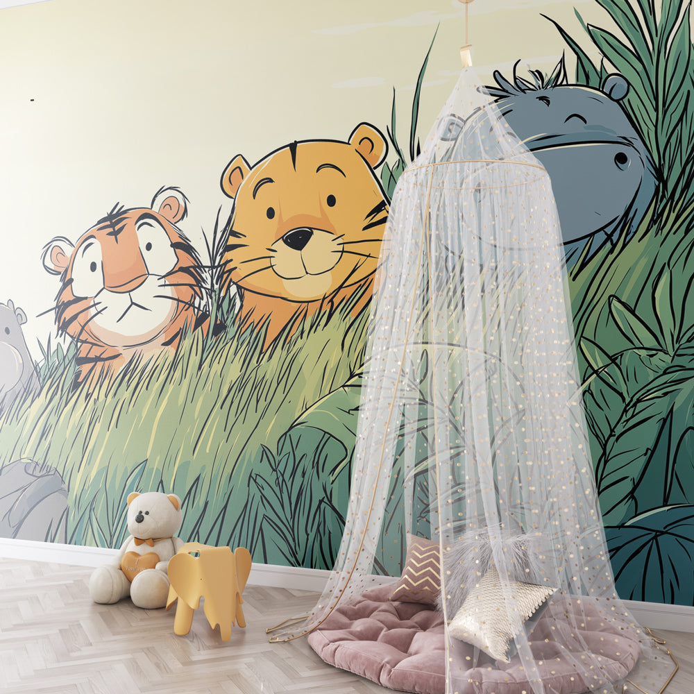 Happy jungle animals wallpaper transforming children's playroom into safari adventure space