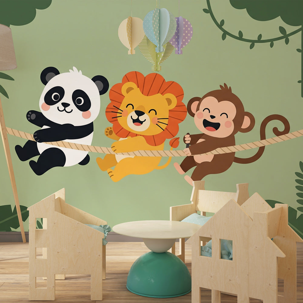 Playful jungle animals mural wallpaper creating adventure atmosphere in kids playroom setting