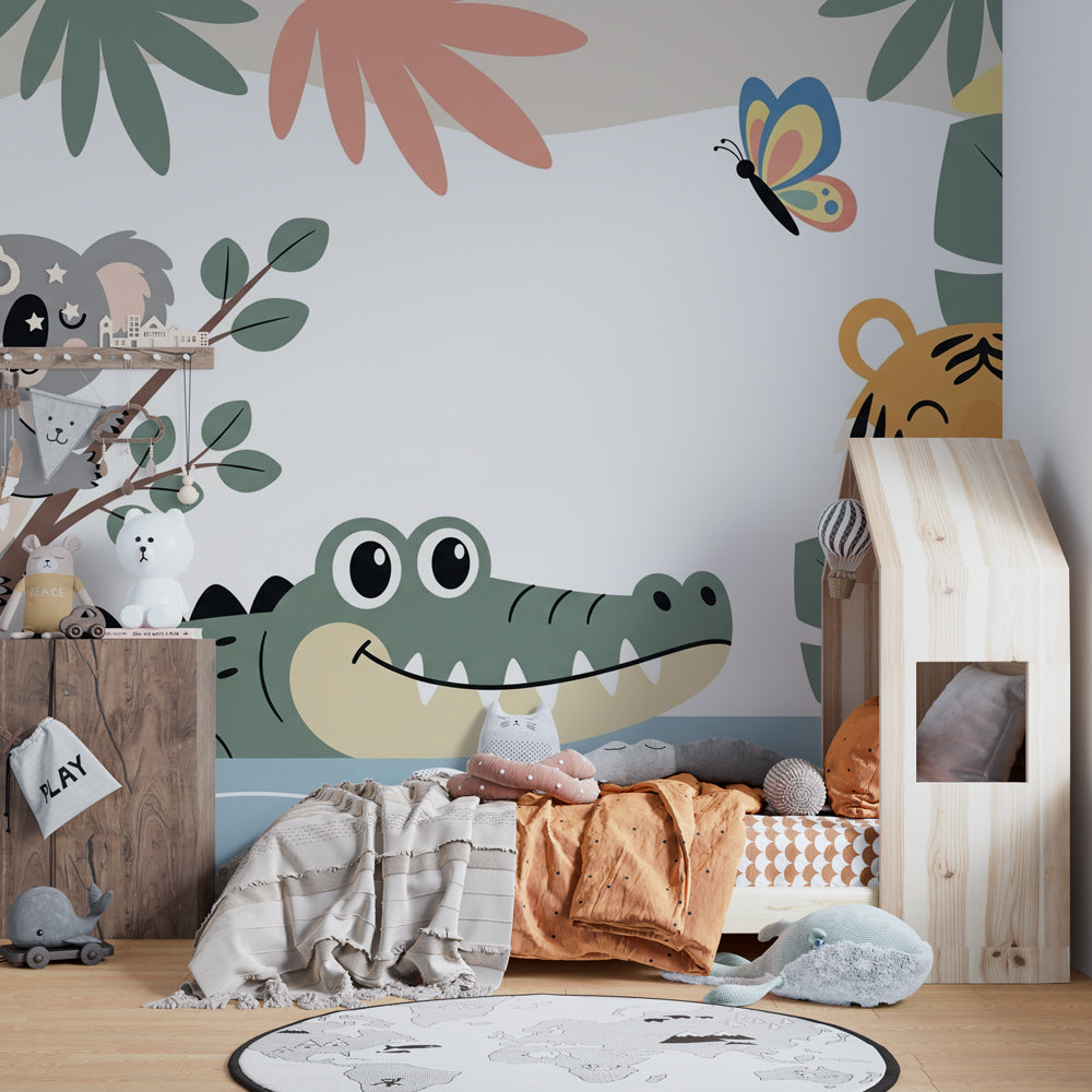 Tropical jungle wallpaper with happy animals transforming children's playroom into safari adventure