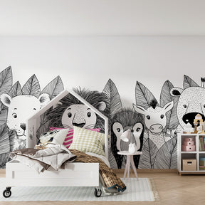 Black white animal wallpaper transforming children's playroom into safari adventure space
