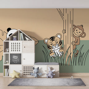 Children's jungle themed mural wallpaper in modern playroom with wooden furniture by Kids-Mundo
