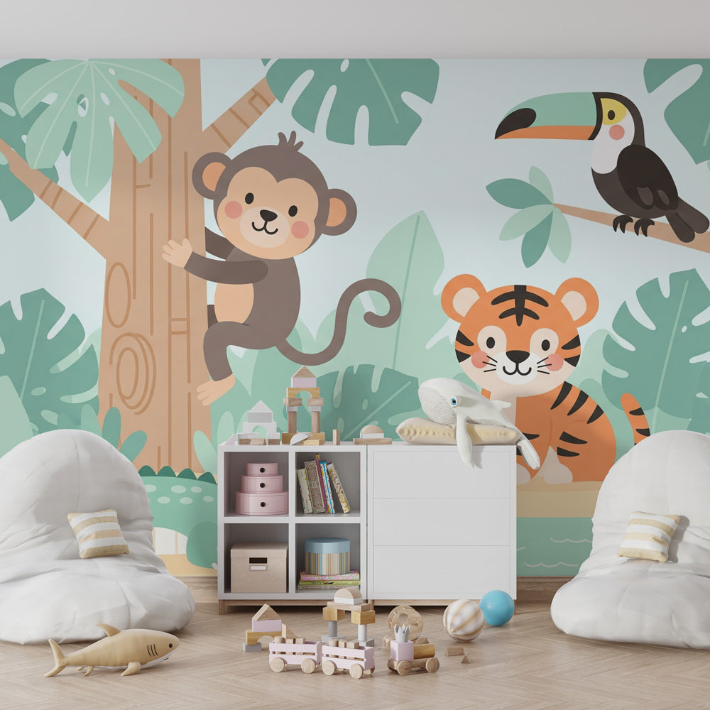 Tropical jungle wallpaper with friendly animals decorating bright kids playroom space