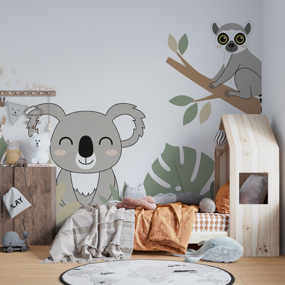 Cute jungle animals wallpaper featuring koala and lemur in bright kids playroom setting