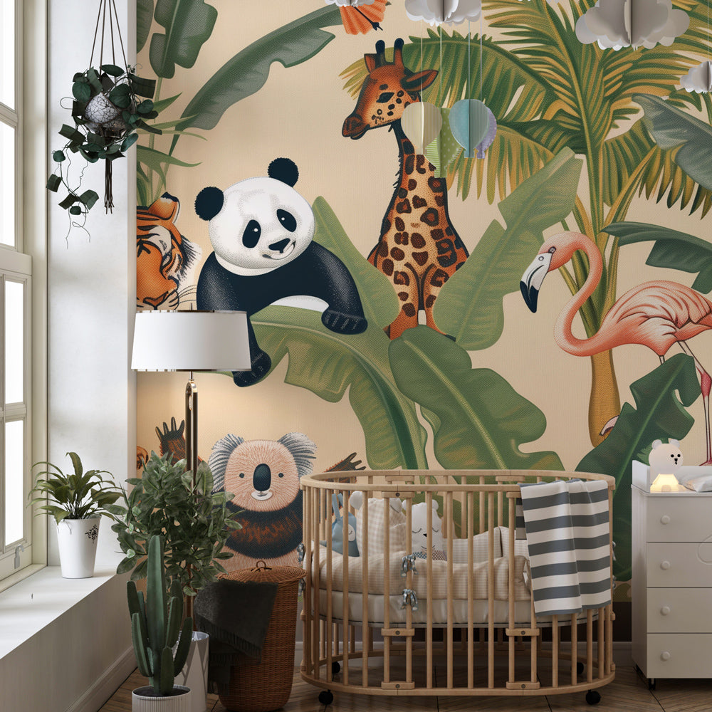 Lush jungle foliage mural wallpaper creating adventure-themed playroom atmosphere for children