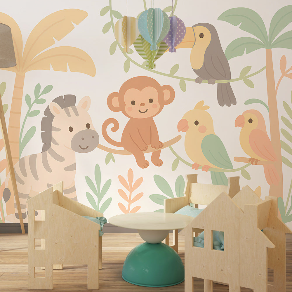Children's jungle theme wallpaper with zebra and parrots transforming playroom into safari adventure