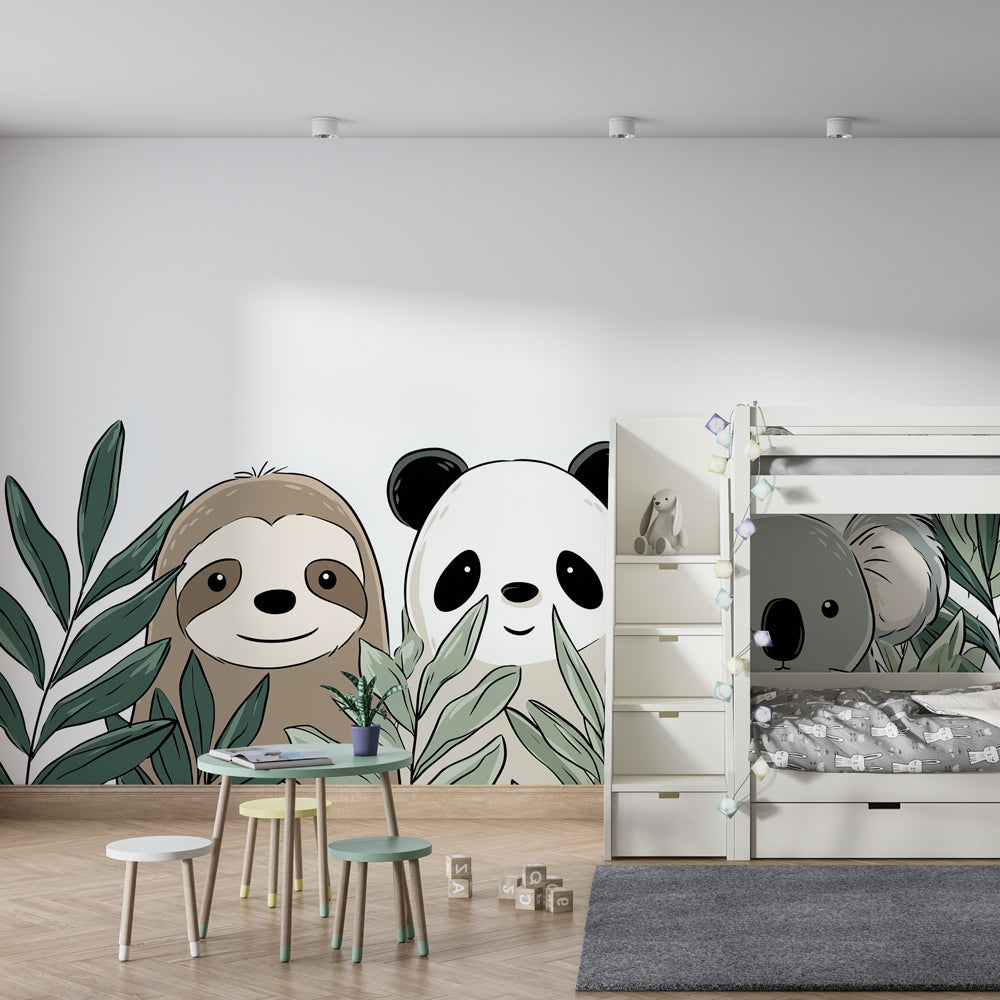 Nature-themed mural wallpaper in children's playroom featuring adorable jungle animals by Kids-Mundo