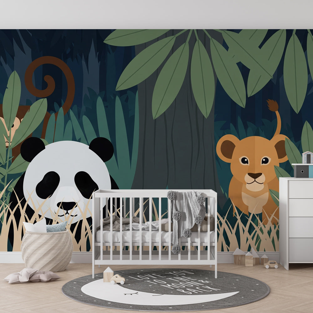 Panda and lion jungle wallpaper transforming kids playroom into safari adventure space