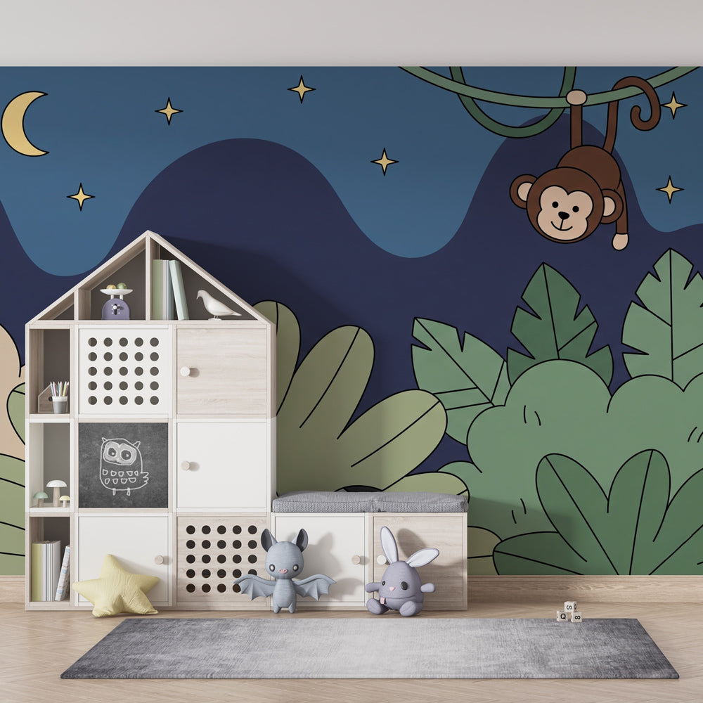 Nighttime jungle mural wallpaper with moon and stars creating adventure-themed playroom by Kids-Mundo