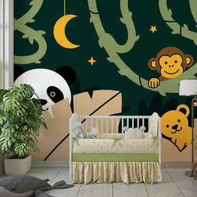Playful jungle wallpaper with monkey and tropical plants in kids playroom setting