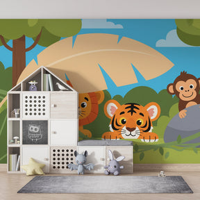 Safari themed jungle animals wallpaper transforming colorful kids playroom by Kids-Mundo