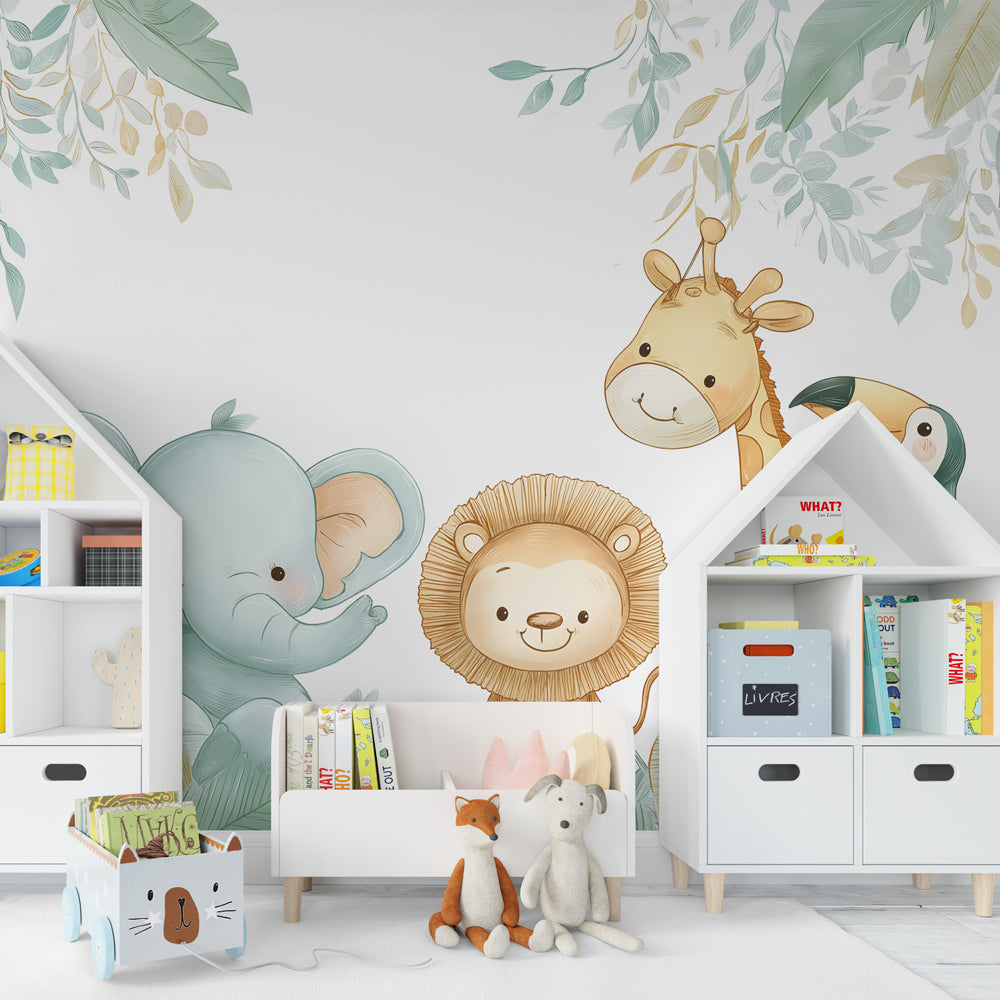Happy jungle animals mural wallpaper transforming playroom into safari adventure space for kids
