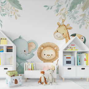 Happy jungle animals mural wallpaper transforming playroom into safari adventure space for kids