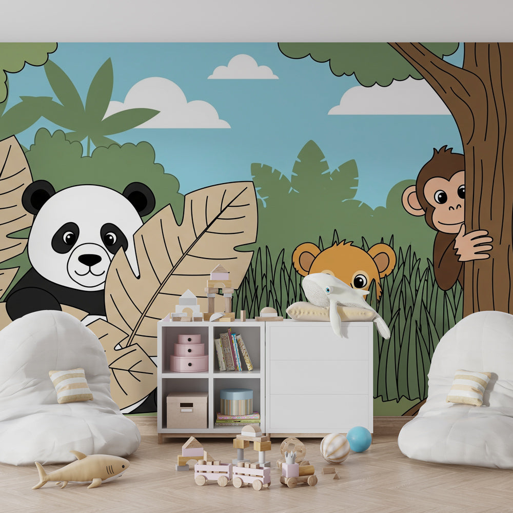 Children's jungle wallpaper transforming playroom into safari adventure space with tropical animals