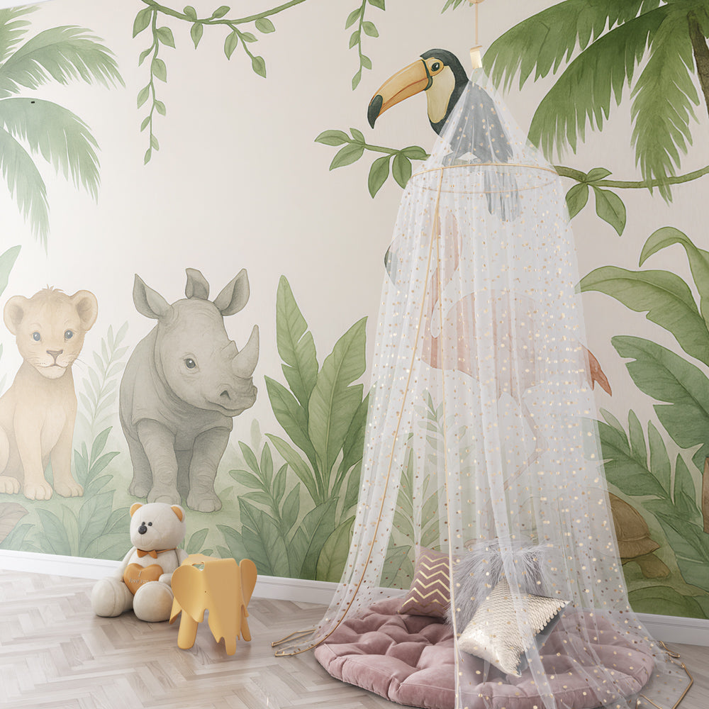 Safari themed mural wallpaper creating adventurous atmosphere in kids playroom space