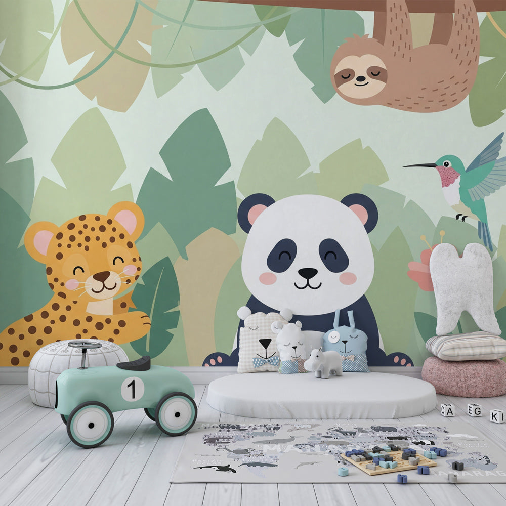 Tropical jungle mural wallpaper with cute animals transforming children's playroom space