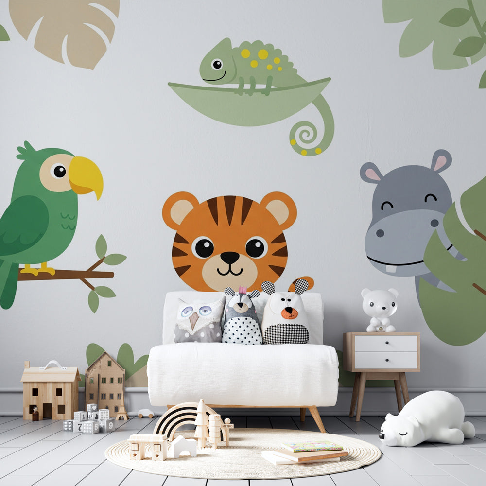 Colorful jungle wallpaper featuring tiger, parrot and hippo in bright kids playroom setting