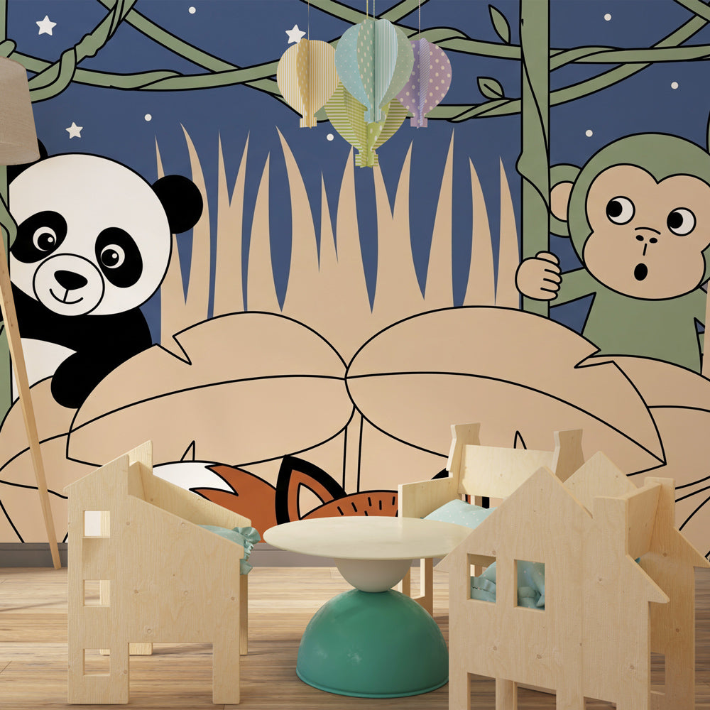 Tropical jungle mural wallpaper with cute animals transforming children's playroom space