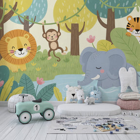 Tropical jungle animals wallpaper transforming kids playroom into wildlife adventure zone