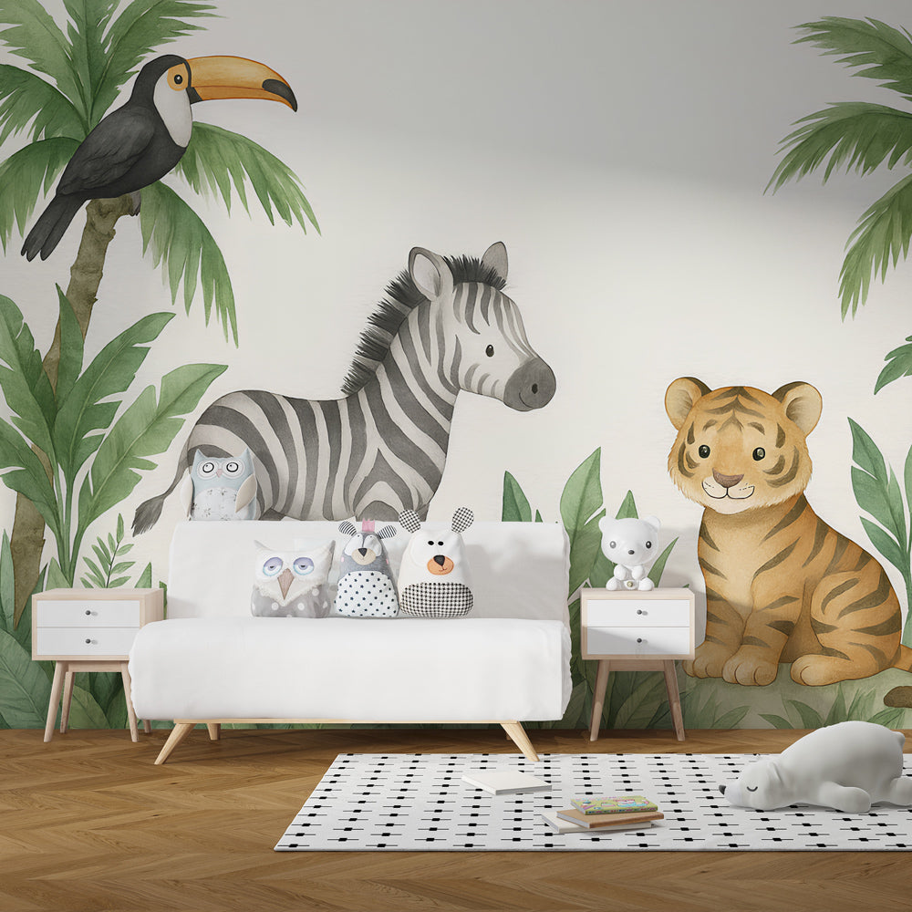 Children's jungle animal wallpaper with toucan and tropical birds for playroom by Kids-Mundo