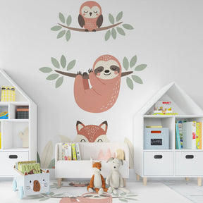 Tropical animal wallpaper with cute forest friends decorating children's playroom