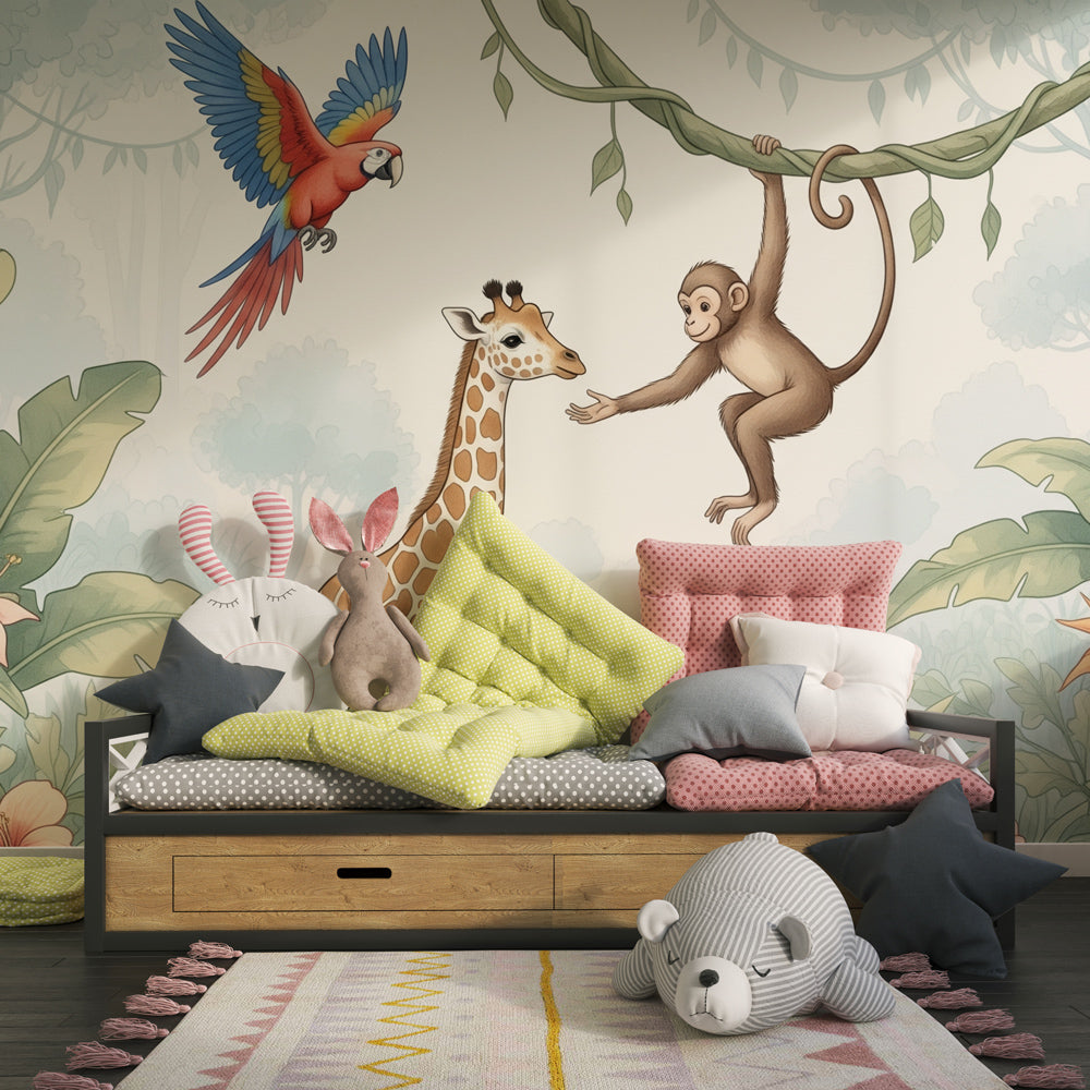 Tropical jungle wallpaper with friendly animals transforming kids playroom space