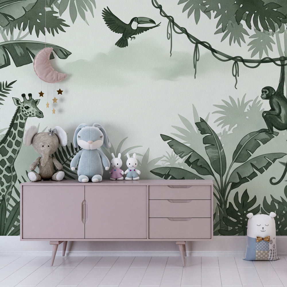 Safari-themed mural wallpaper with giraffe and toucan creating adventure playroom by Kids-Mundo