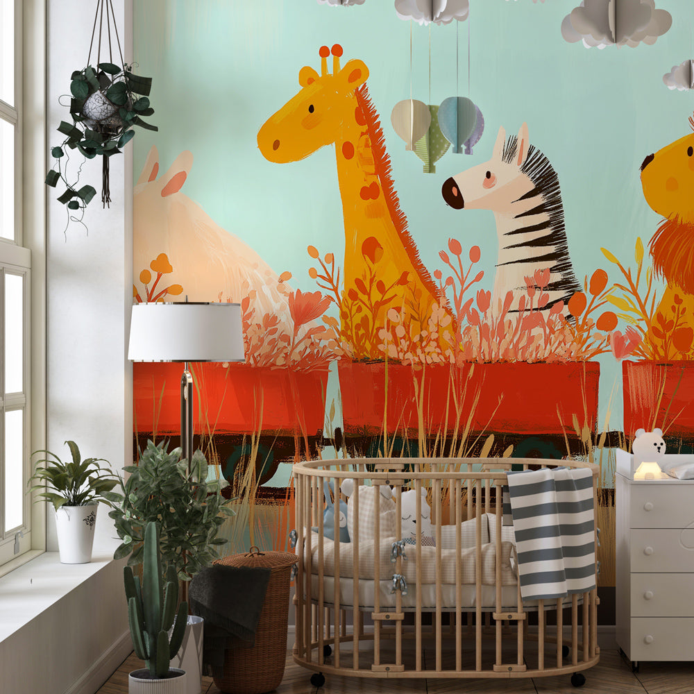 Colorful jungle animals wallpaper transforming kids playroom into safari adventure