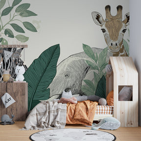 Wildlife themed mural wallpaper transforming kids playroom into jungle adventure space
