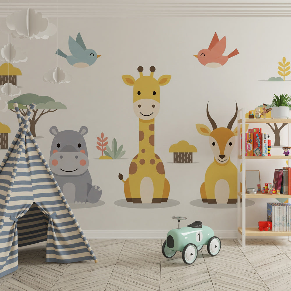 Tropical jungle theme mural wallpaper with giraffe and hippo for kids room by Kids-Mundo