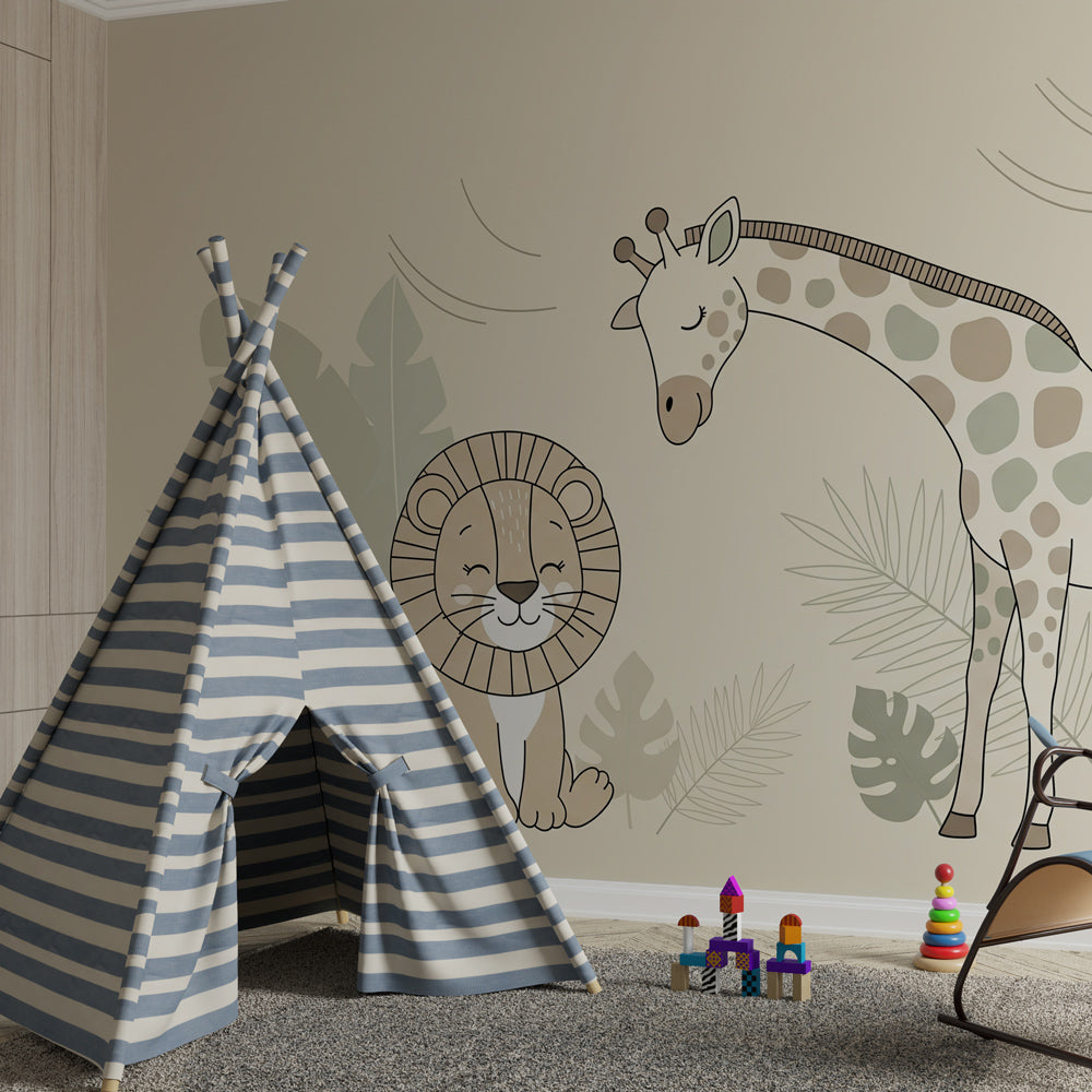 Safari themed mural wallpaper creating peaceful baby bedroom with lion and giraffe design