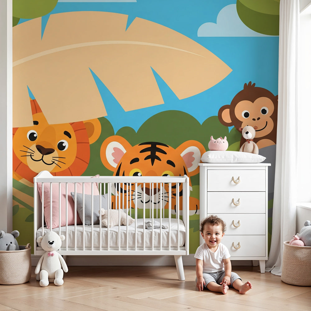 Jungle animals mural wallpaper in modern kids bedroom with safari adventure theme by Kids-Mundo