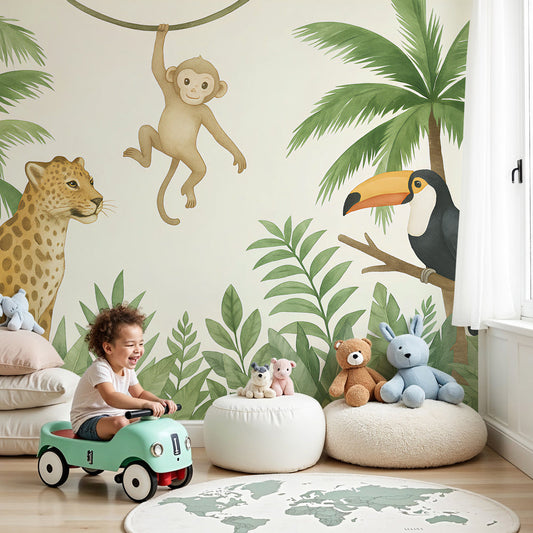 Jungle animals mural wallpaper featuring monkey and leopard in modern kids bedroom by Kids-Mundo